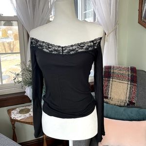 Lulu’s Better Days Black Lace Ribbed Off-the-Shoulder Top